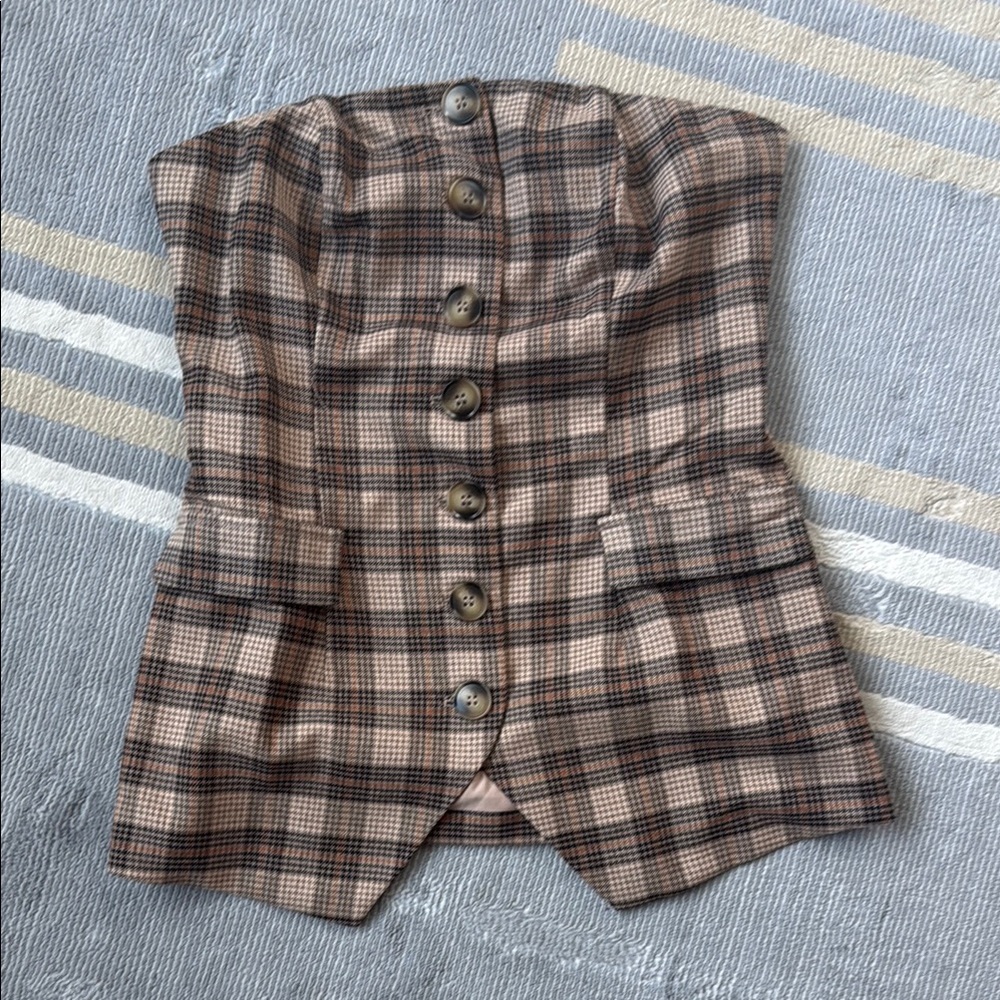 Flat White Brown Motif Plaid Button-Up Strapless Top - Size M - New with tags